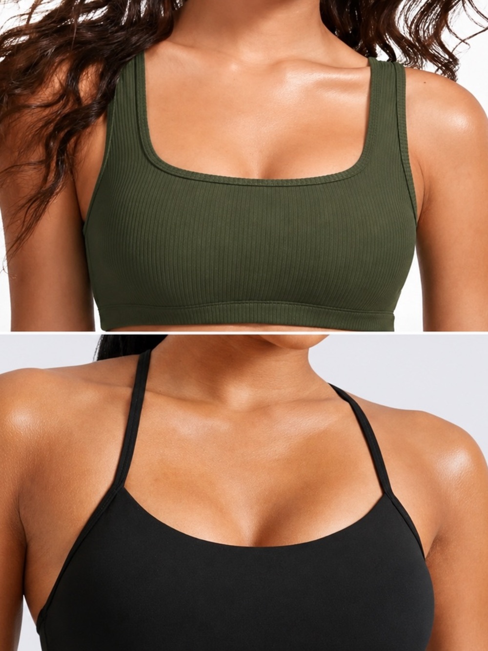 CRZ Yoga Set of 2 Large Sports Bras: Black Butterluxe Y Back & Green Square Neck
